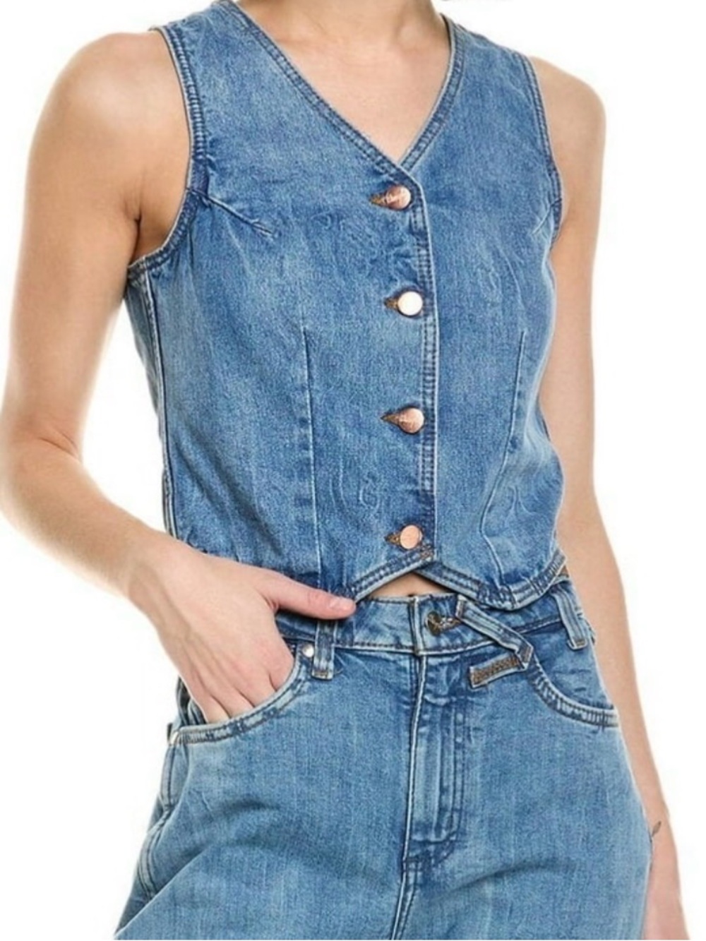 Wrangler x STAUD Top Womens XS Denim Blue Cropped Western Button Front Vest